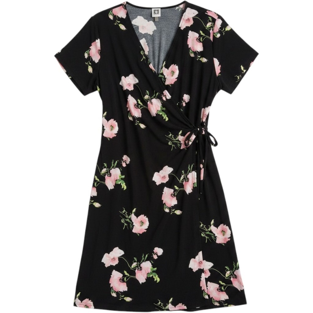 Anne Klein Womens 3X Black Pink Floral Short Sleeve Faux Wrap Dress Plus Size